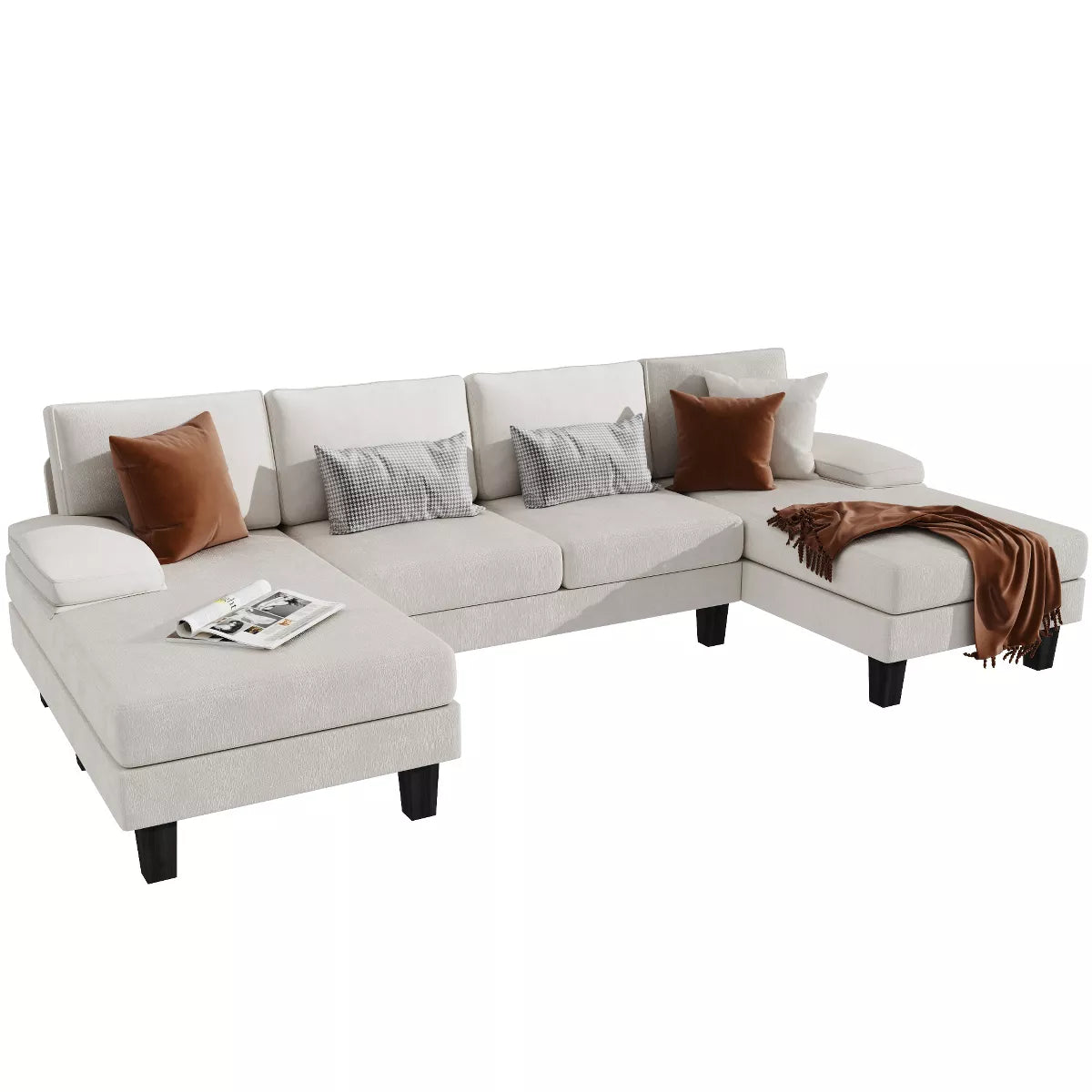 U-shaped sectional sofa with chaise lounges, featuring luxurious white velvet upholstery, high-density foam, and spring pack for ultimate comfort. Spacious enough to seat 4 people, with removable, machine-washable covers for easy cleaning. Perfect for family rooms or entertaining guests.