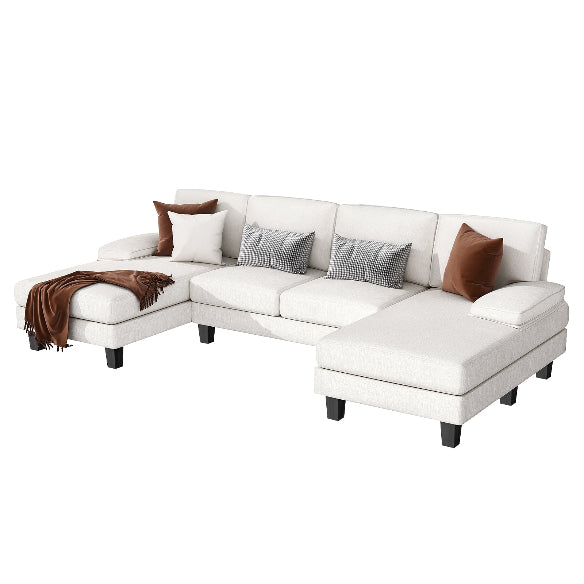 U-shaped sectional sofa with chaise lounges, featuring luxurious white velvet upholstery, high-density foam, and spring pack for ultimate comfort. Spacious enough to seat 4 people, with removable, machine-washable covers for easy cleaning. Perfect for family rooms or entertaining guests.