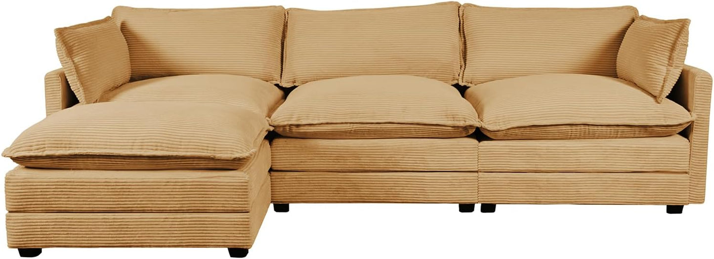 Modern 4-piece L-shaped sectional sofa in premium yellow corduroy fabric. Features high-elastic sponge cushions, sturdy metal and wood frame, and a movable ottoman for flexible configurations. Easy assembly and versatile design perfect for living rooms, bedrooms, or offices.