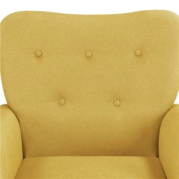 Mid-Century Modern Upholstered Fabric Accent Armchair in bold yellow with sleek tapered wooden legs, rolled arms, and tufted back buttons. The chair combines classic mid-century design with a vibrant yellow fabric, making it a stylish and comfortable statement piece for living rooms, bedrooms, offices, or studios.