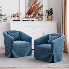 Set of two modern blue accent swivel chairs with sleek metal frames and wood accents. The chairs feature luxurious deep blue linen blend upholstery, a 360-degree swivel base for easy movement, and plush foam and spring cushioning for comfort. Ideal for living rooms, offices, or bedrooms, the chairs offer a blend of contemporary style, durability, and relaxation.