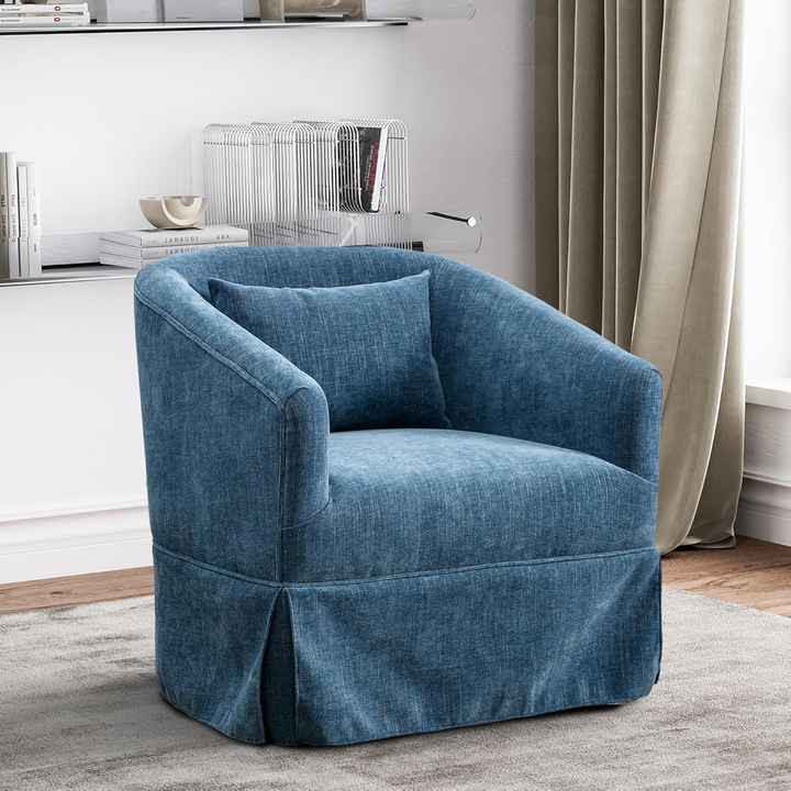 Set of two Teal Swivel Accent Chairs featuring a modern design with luxurious teal linen blend upholstery, a 360-degree swivel base, metal frame with wood accent detailing, and sturdy construction. These chairs provide exceptional comfort with foam and spring cushioning, making them ideal for lounging, relaxing, or entertaining. Versatile and family-friendly, they complement various décor styles in living rooms, offices, or bedrooms. Easy assembly with tools and instructions included.
