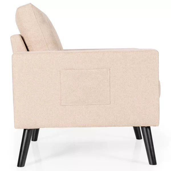 A beige Mid-Century Modern accent chair featuring a square tufted back, gracefully curved arms, and solid birch wood tapered legs with a dark espresso finish. Upholstered in 100% polyester fabric, the chair includes a thick foam cushion for comfort and is designed for small spaces. Perfect for living rooms, offices, bedrooms, or reading nooks, this chair blends timeless style and durability. It has a weight capacity of 300 lbs and requires easy assembly.