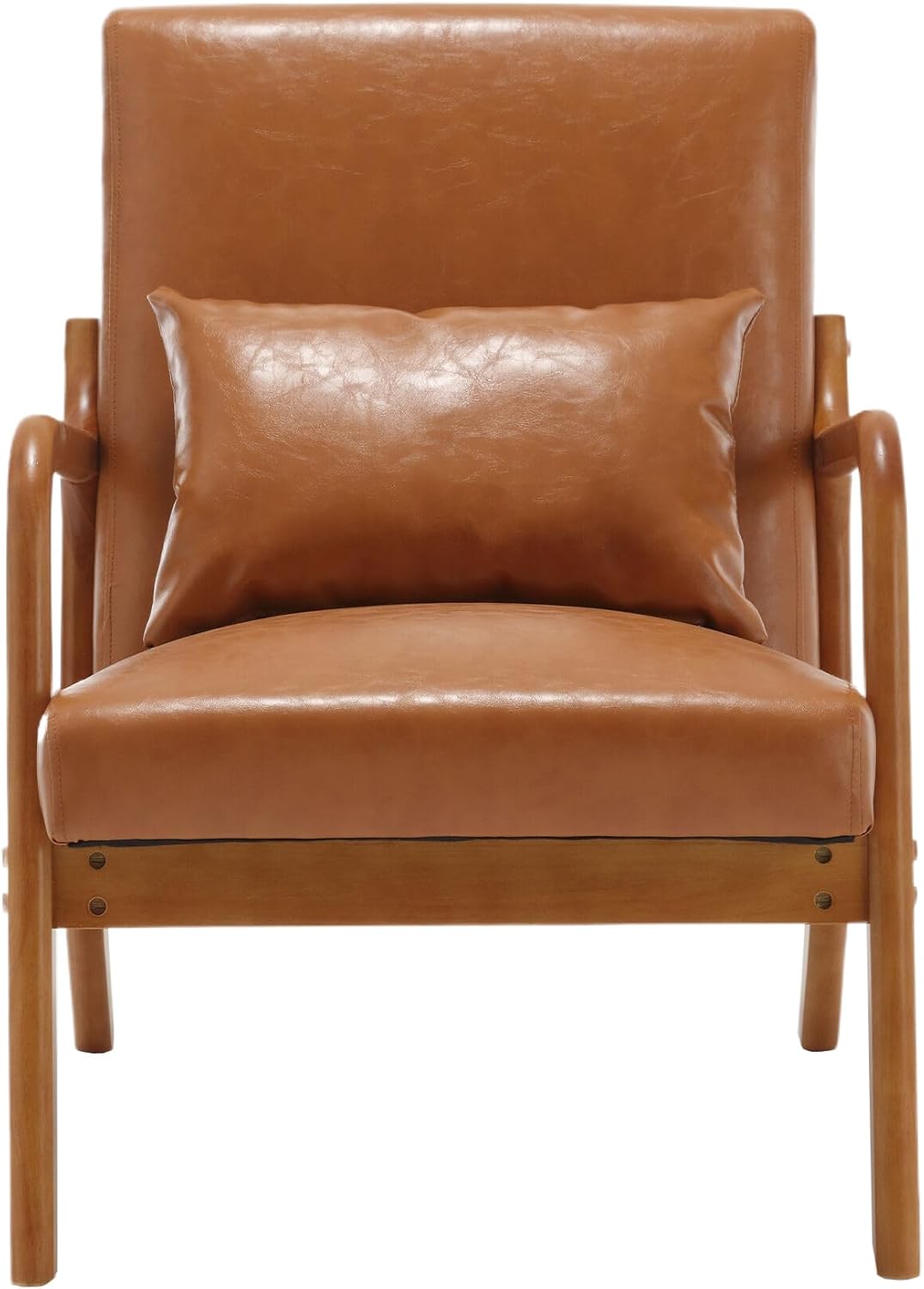 Set of two brown PU leather low-back accent chairs with high-density cushions, soft upholstery, and ergonomic design for superior lumbar support. Featuring a solid wood frame for durability and footpads for floor protection. Ideal for living rooms, bedrooms, or offices, offering both comfort and style with easy maintenance.