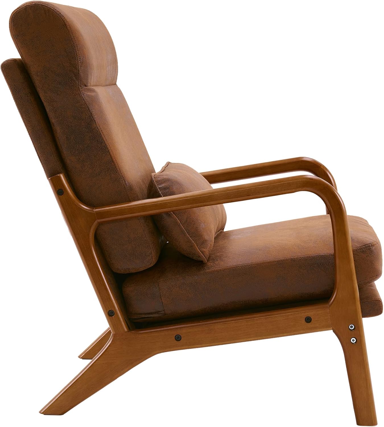 High-back brown accent chair with plush high-density cushions for comfort and support, covered in soft breathable fabric. Features an ergonomic design with lumbar support, solid wood frame for durability, and footpads to protect floors. Ideal for living rooms, bedrooms, or offices, offering a sleek and stylish look with easy assembly and low maintenance.