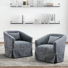 Set of 2 Dark Grey Swivel Accent Chairs with 360-degree swivel base, modern linen blend upholstery, wood accent detailing, and sturdy metal frame. Ideal for living rooms, offices, and bedrooms, these stylish chairs offer exceptional comfort and versatility. Easy to assemble and built to last.