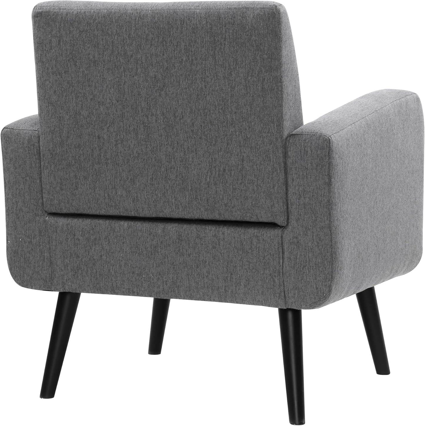 A smokey grey Mid-Century Modern accent chair with a sleek square tufted back and gracefully curved arms. The chair features a neutral smokey grey upholstery that complements various décor styles, paired with dark espresso birch wood tapered legs for a sophisticated look. Designed for comfort with a 6-inch foam cushion and durable hardwood frame, it supports up to 300 lbs. Ideal for small spaces, this chair is perfect for living rooms, offices, or reading nooks. Quick and easy assembly with included tools a