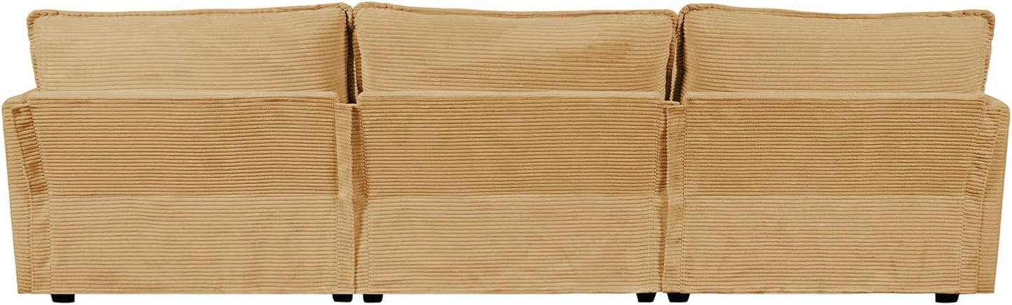 Modern 4-piece L-shaped sectional sofa in premium yellow corduroy fabric. Features high-elastic sponge cushions, sturdy metal and wood frame, and a movable ottoman for flexible configurations. Easy assembly and versatile design perfect for living rooms, bedrooms, or offices.