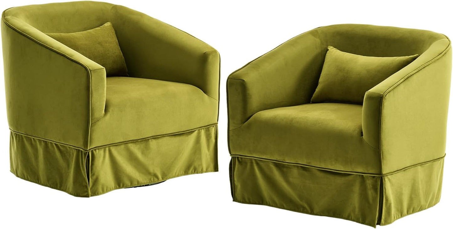 A set of two Juniper Olive Green Swivel Accent Chairs featuring a rich olive green fabric with soft, comfortable upholstery. The chairs are designed with a minimalist metal frame and elegant wood accent details. They include a 360-degree swivel base for easy rotation, offering flexibility and movement. The sturdy construction, foam and spring cushioning, and generous seating make these chairs perfect for living rooms, offices, bedrooms, or reading corners, combining modern design with timeless charm.