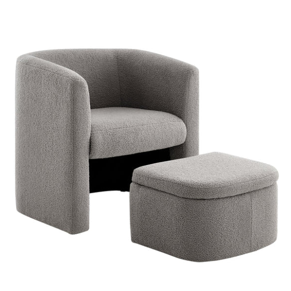 Velvet grey barrel accent chair with hidden ottoman, featuring flared arms, foam-filled seat and back, and matching toss pillows. Space-saving design with storable ottoman underneath. Sturdy solid wood frame with sled base for durability and stability. Ideal for adding style and comfort to any living space.