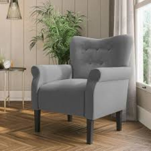 Mid-century modern dark gray upholstered fabric accent armchair with tufted back buttons, rolled arms, and tapered wooden legs. This chair combines stylish elegance with comfort, featuring plush foam seating and a sturdy rubberwood frame, making it an ideal addition to living rooms, offices, or bedrooms.