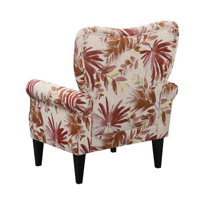 Red Floral Accent Chair featuring a vibrant red floral pattern on soft fabric upholstery with a gently sloping backrest, padded armrests, and elegant tapered wooden legs. Perfectly designed for comfort and style, ideal for living rooms, studies, or reading nooks, blending modern elegance with a timeless floral design.