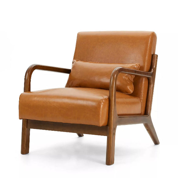 Set of two brown PU leather low-back accent chairs with high-density cushions, soft upholstery, and ergonomic design for superior lumbar support. Featuring a solid wood frame for durability and footpads for floor protection. Ideal for living rooms, bedrooms, or offices, offering both comfort and style with easy maintenance.