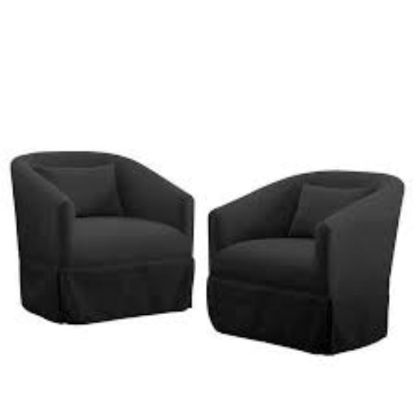 Set of two Midnight Black swivel accent chairs featuring soft linen blend upholstery, a 360-degree swivel base, sleek metal frames with wood accent detailing, and sturdy construction with steel-enhanced legs. These chairs offer a blend of modern style and exceptional comfort, ideal for a variety of spaces such as the living room, office, or bedroom. The high-quality foam and spring fill ensure long-lasting comfort, while the minimalist design adds a sophisticated touch to any room. Family-Friendly