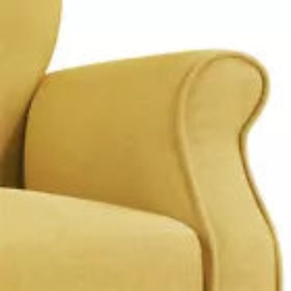 Mid-Century Modern Upholstered Fabric Accent Armchair in bold yellow with sleek tapered wooden legs, rolled arms, and tufted back buttons. The chair combines classic mid-century design with a vibrant yellow fabric, making it a stylish and comfortable statement piece for living rooms, bedrooms, offices, or studios.
