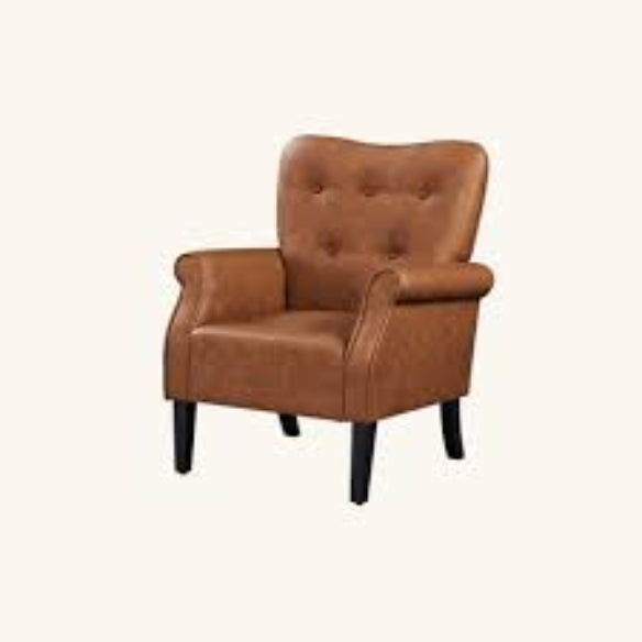 Retro-inspired brown accent chair featuring a sleek wingback design, rolled armrests, and black-finish tapered legs. Upholstered in water-resistant PU leather with a button-tufted backrest for added elegance. The chair offers a comfortable and stylish seating solution with its high-resiliency foam padding and durable rubberwood legs. Perfect for living rooms, bedrooms, offices, or cozy reading nooks, this chair combines timeless mid-century modern charm with versatile functionality.
