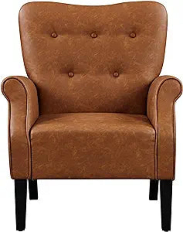 Retro-inspired brown accent chair featuring a sleek wingback design, rolled armrests, and black-finish tapered legs. Upholstered in water-resistant PU leather with a button-tufted backrest for added elegance. The chair offers a comfortable and stylish seating solution with its high-resiliency foam padding and durable rubberwood legs. Perfect for living rooms, bedrooms, offices, or cozy reading nooks, this chair combines timeless mid-century modern charm with versatile functionality.