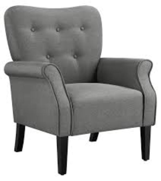 Mid-century modern dark gray upholstered fabric accent armchair with tufted back buttons, rolled arms, and tapered wooden legs. This chair combines stylish elegance with comfort, featuring plush foam seating and a sturdy rubberwood frame, making it an ideal addition to living rooms, offices, or bedrooms.