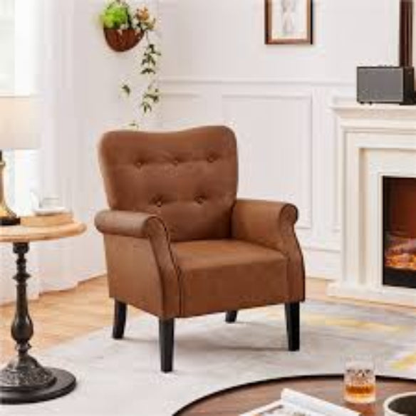 Retro-inspired brown accent chair featuring a sleek wingback design, rolled armrests, and black-finish tapered legs. Upholstered in water-resistant PU leather with a button-tufted backrest for added elegance. The chair offers a comfortable and stylish seating solution with its high-resiliency foam padding and durable rubberwood legs. Perfect for living rooms, bedrooms, offices, or cozy reading nooks, this chair combines timeless mid-century modern charm with versatile functionality.