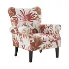 Red Floral Accent Chair featuring a vibrant red floral pattern on soft fabric upholstery with a gently sloping backrest, padded armrests, and elegant tapered wooden legs. Perfectly designed for comfort and style, ideal for living rooms, studies, or reading nooks, blending modern elegance with a timeless floral design.