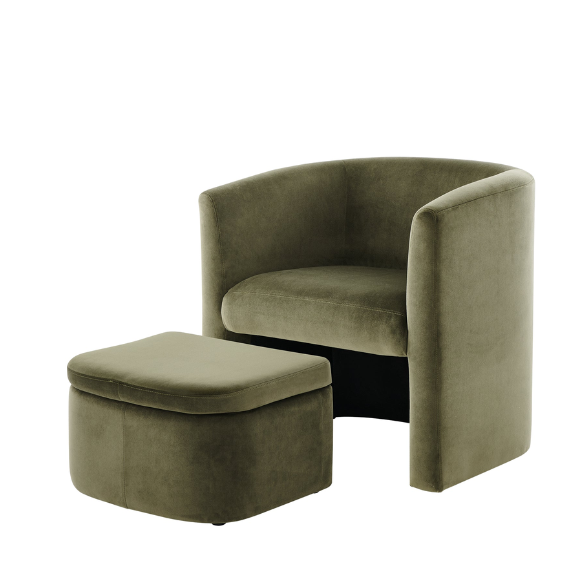 Barrel Accent Chair with Storable Ottoman – Cozy, space-saving chair with flared arms, foam-filled seat, and toss pillows. Features a solid wood frame, sled base, and hidden ottoman for easy storage. Fully assembled, versatile design, and easy to maintain.