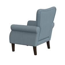 A stylish and elegant Baby Blue Wingback Accent Chair with a tufted backrest, soft linen fabric, and padded armrests. The chair features a wide cushioned seat and sleek, tapered wood legs with rubber inserts. Its modern design with retro-inspired elements adds a sophisticated touch to any room, offering both comfort and timeless appeal for lounging, reading, or relaxing. The chair is ideal for living rooms, offices, or sunrooms.