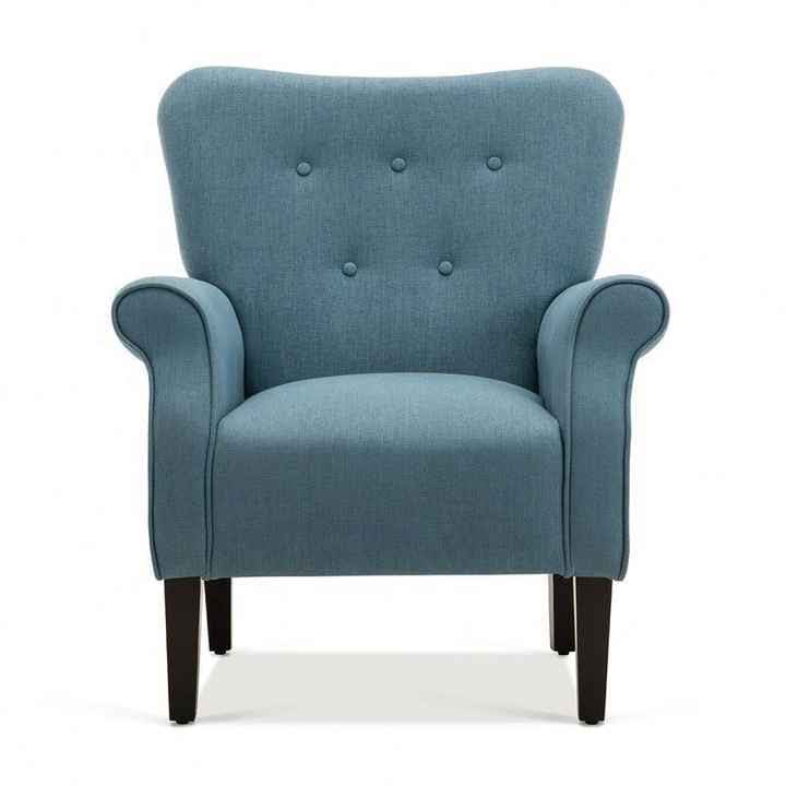 A stylish and elegant Baby Blue Wingback Accent Chair with a tufted backrest, soft linen fabric, and padded armrests. The chair features a wide cushioned seat and sleek, tapered wood legs with rubber inserts. Its modern design with retro-inspired elements adds a sophisticated touch to any room, offering both comfort and timeless appeal for lounging, reading, or relaxing. The chair is ideal for living rooms, offices, or sunrooms.