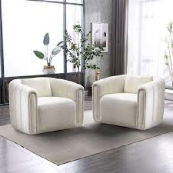 Set of beige barrel swivel chairs with lumbar pillows, featuring soft velvet upholstery, 360-degree swivel design, and high-density foam cushioning. The modern, timeless barrel shape adds sophistication, while the lumbar pillows provide extra support for comfort. Perfect for living rooms, bedrooms, or offices, offering elegance and practicality.