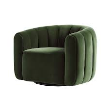 Juniper Green Barrel Swivel Chair with Lumbar Pillow – A luxurious velvet accent chair in rich green, featuring a 360-degree swivel base, high-density foam cushioning, and a supportive lumbar pillow. Its elegant design and durable metal and wood construction make it a stylish and comfortable addition to living rooms, bedrooms, or offices. Ideal for relaxation, with a modern yet classic aesthetic that fits various décor styles.