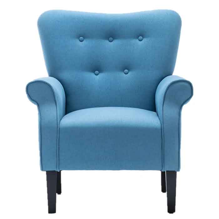A stylish and elegant Baby Blue Wingback Accent Chair with a tufted backrest, soft linen fabric, and padded armrests. The chair features a wide cushioned seat and sleek, tapered wood legs with rubber inserts. Its modern design with retro-inspired elements adds a sophisticated touch to any room, offering both comfort and timeless appeal for lounging, reading, or relaxing. The chair is ideal for living rooms, offices, or sunrooms.