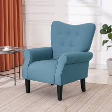 A stylish and elegant Baby Blue Wingback Accent Chair with a tufted backrest, soft linen fabric, and padded armrests. The chair features a wide cushioned seat and sleek, tapered wood legs with rubber inserts. Its modern design with retro-inspired elements adds a sophisticated touch to any room, offering both comfort and timeless appeal for lounging, reading, or relaxing. The chair is ideal for living rooms, offices, or sunrooms.