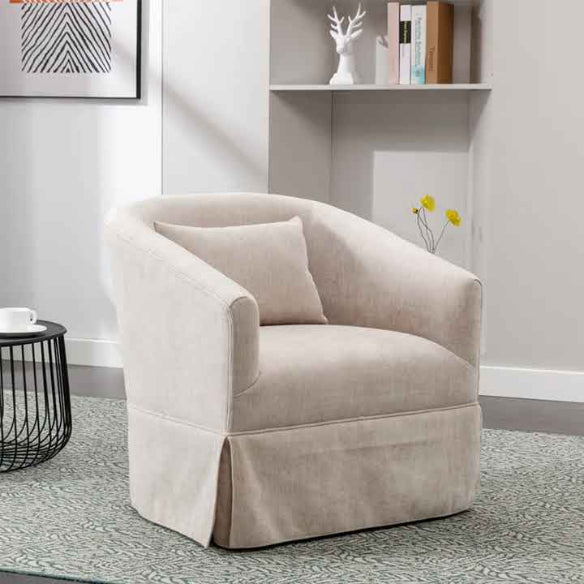 A set of two beige cream swivel accent chairs with soft linen blend upholstery, sleek metal frames, and wood accent details. The chairs feature a 360-degree swivel base for easy movement and are filled with foam and spring cushioning for comfort. The metal legs with steel details provide stability, and the modern design fits well in various spaces like living rooms, bedrooms, and offices. The chairs are sturdy, versatile, and easy to assemble, offering both style and durability for any home.