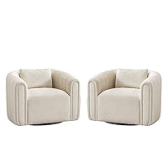 Set of beige barrel swivel chairs with lumbar pillows, featuring soft velvet upholstery, 360-degree swivel design, and high-density foam cushioning. The modern, timeless barrel shape adds sophistication, while the lumbar pillows provide extra support for comfort. Perfect for living rooms, bedrooms, or offices, offering elegance and practicality.
