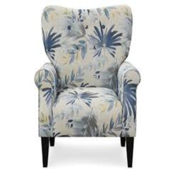 Blue and cream floral accent chair with a high backrest and tapered wooden legs. The chair features a soft floral pattern in serene blue and cream tones, offering a blend of modern sophistication and vintage charm. The design includes cushioned armrests and a generously padded seat for comfort. Ideal for a living room, office, or reading nook, this elegant chair adds a stylish and inviting touch to any space.