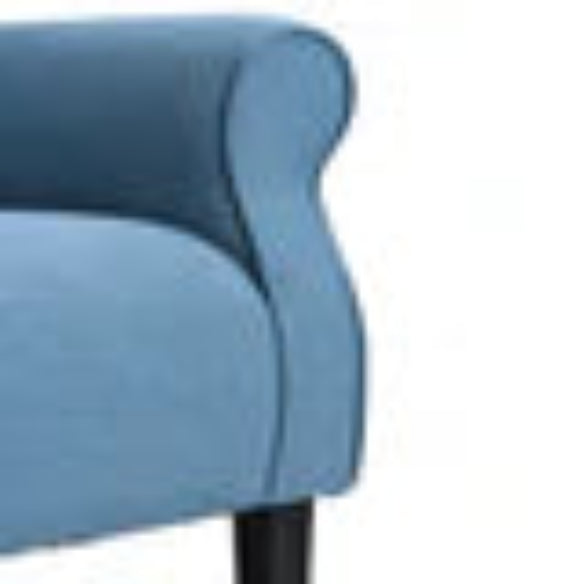 Solid Blue Mid-Century Modern Upholstered Fabric Accent Armchair with rolled arms, tufted back, and tapered wooden legs. The chair features a bold, vibrant solid blue fabric upholstery, adding a touch of timeless elegance and contemporary flair to any room. Ideal for living rooms, bedrooms, offices, or studios, the chair combines comfort and style with its sturdy rubberwood frame, plush foam cushions, and sleek design.