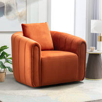 A set of two luxurious barrel swivel chairs in a rich burnt orange velvet upholstery, featuring a sleek, modern design with ergonomic comfort. Each chair is designed with a smooth 360-degree swivel base for easy movement and flexibility. The chairs come with supportive lumbar pillows for extra comfort and proper posture, as well as high-density foam cushioning that contours to your body. The timeless barrel shape, solid wood frame, and metal swivel base ensure durability, while the warm burnt orange hue add