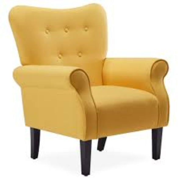 A Citrine Yellow Solid Accent Chair featuring a vibrant, bold yellow hue with a high backrest, cushioned seat, and tapered wooden legs, offering a modern yet timeless design. Perfect for adding a pop of color and comfort to living rooms, offices, or reading nooks.