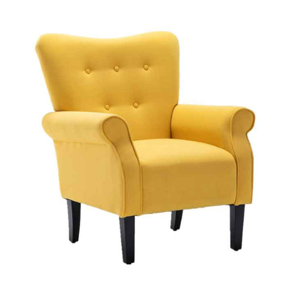 A Citrine Yellow Solid Accent Chair featuring a vibrant, bold yellow hue with a high backrest, cushioned seat, and tapered wooden legs, offering a modern yet timeless design. Perfect for adding a pop of color and comfort to living rooms, offices, or reading nooks.