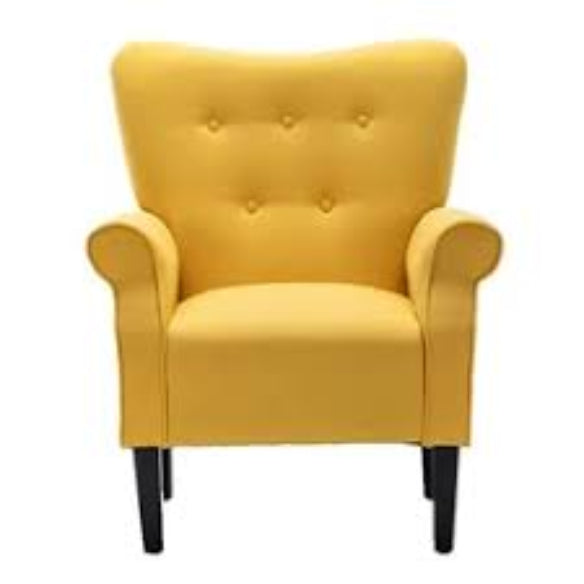 A Citrine Yellow Solid Accent Chair featuring a vibrant, bold yellow hue with a high backrest, cushioned seat, and tapered wooden legs, offering a modern yet timeless design. Perfect for adding a pop of color and comfort to living rooms, offices, or reading nooks.