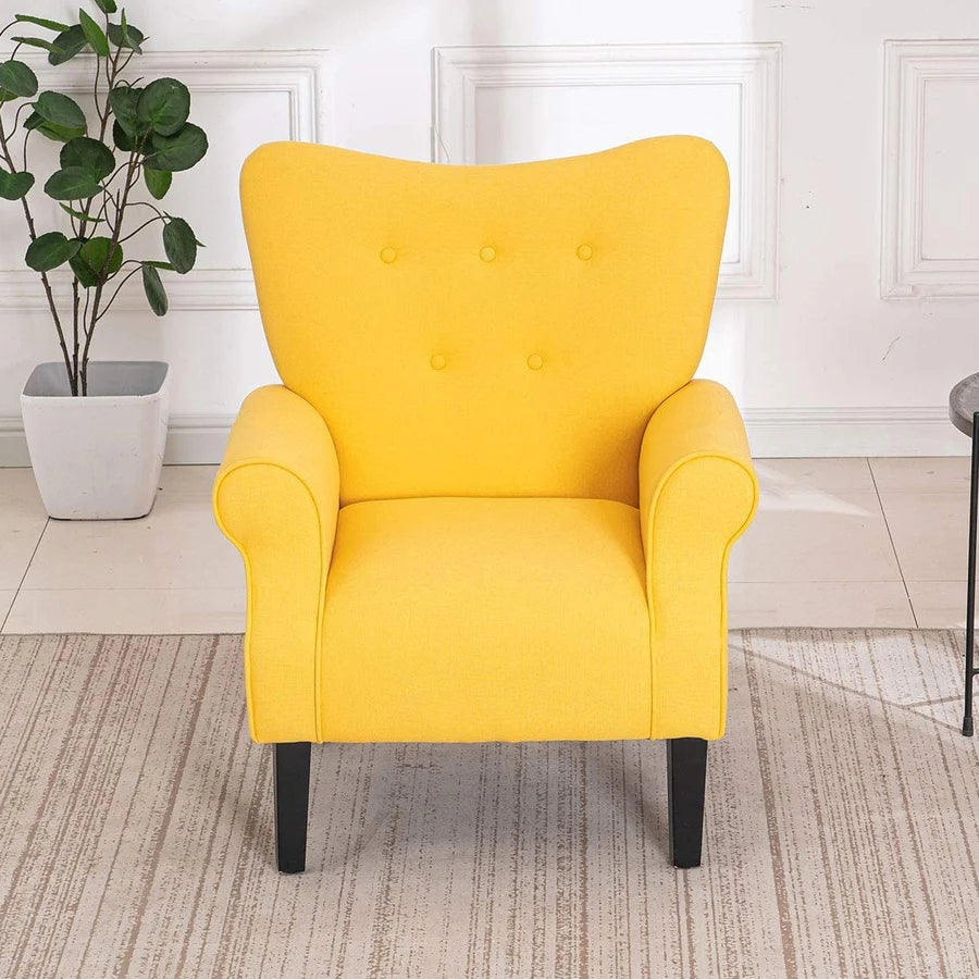 A Citrine Yellow Solid Accent Chair featuring a vibrant, bold yellow hue with a high backrest, cushioned seat, and tapered wooden legs, offering a modern yet timeless design. Perfect for adding a pop of color and comfort to living rooms, offices, or reading nooks.