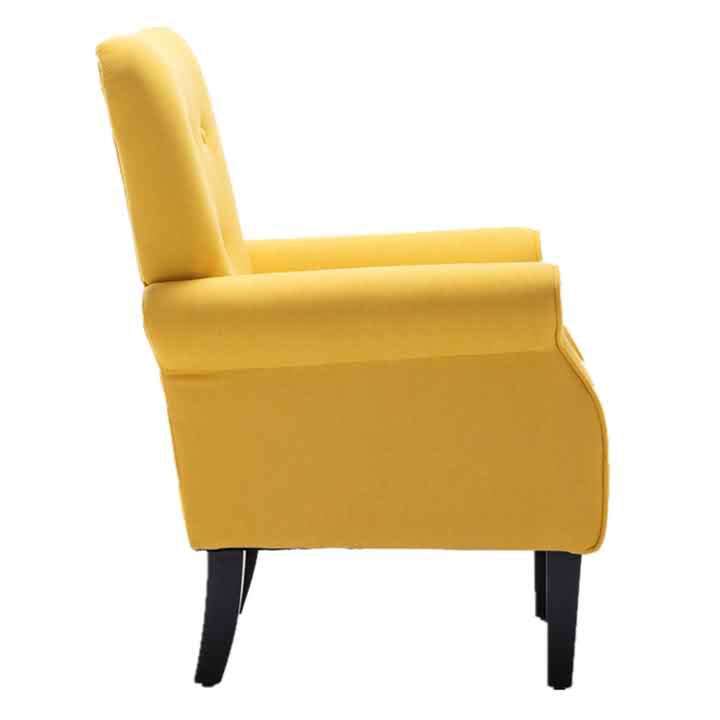A Citrine Yellow Solid Accent Chair featuring a vibrant, bold yellow hue with a high backrest, cushioned seat, and tapered wooden legs, offering a modern yet timeless design. Perfect for adding a pop of color and comfort to living rooms, offices, or reading nooks.