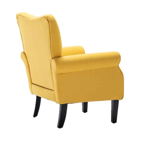 A Citrine Yellow Solid Accent Chair featuring a vibrant, bold yellow hue with a high backrest, cushioned seat, and tapered wooden legs, offering a modern yet timeless design. Perfect for adding a pop of color and comfort to living rooms, offices, or reading nooks.