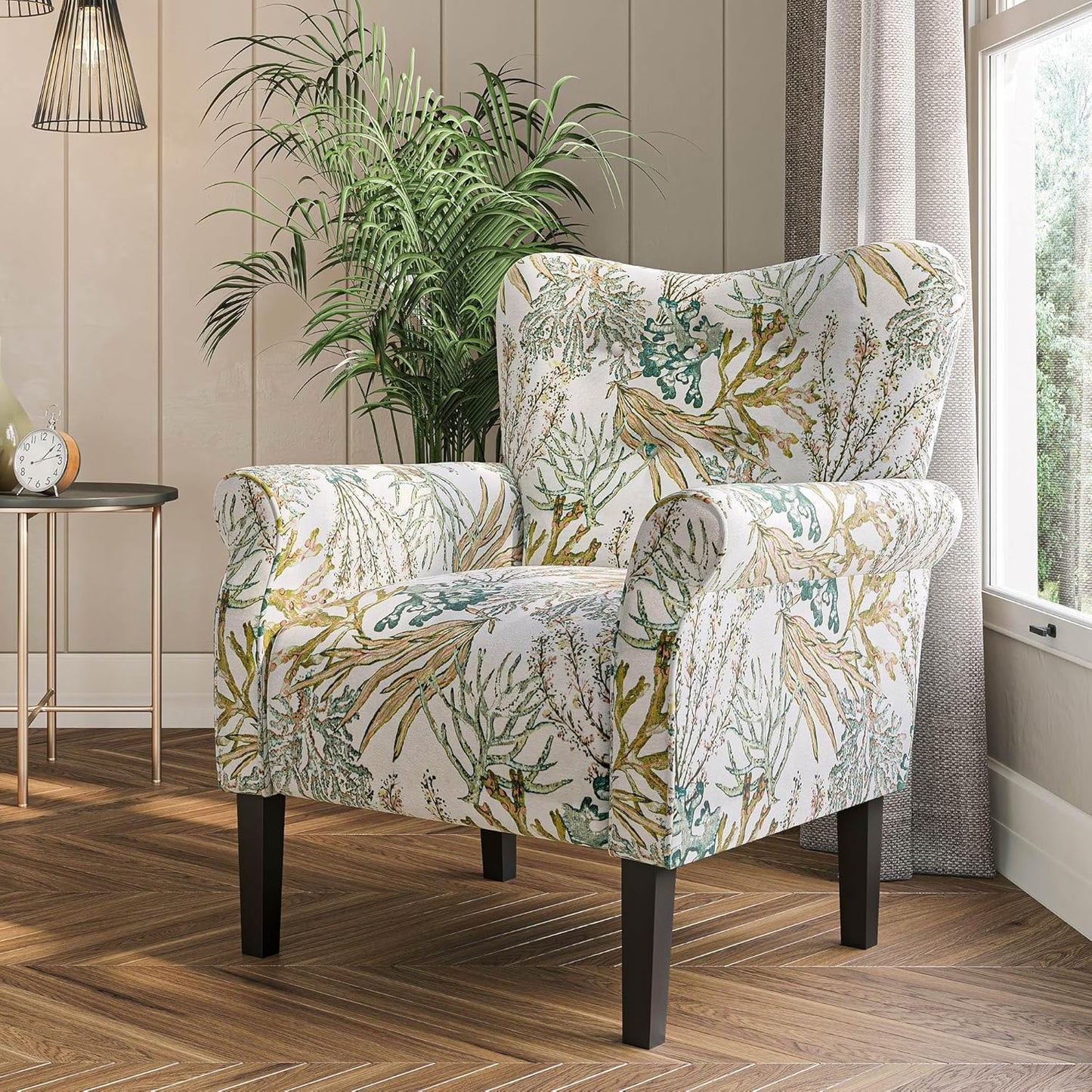 A stylish and comfortable wingback accent chair in a rich green coral color, featuring high-quality plush upholstery with bold, patterned designs. The chair is filled with high-resilience sponge for firm yet cozy support and designed with a wide, gently dipped backrest, padded armrests, and a soft cushioned seat for maximum comfort. Elegant tapered wood legs provide traditional charm and stability, while rubber inserts protect floors from scratches. With a sturdy frame capable of supporting up to 300 lbs, t