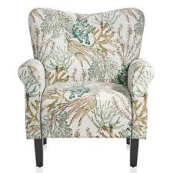 A stylish and comfortable wingback accent chair in a rich green coral color, featuring high-quality plush upholstery with bold, patterned designs. The chair is filled with high-resilience sponge for firm yet cozy support and designed with a wide, gently dipped backrest, padded armrests, and a soft cushioned seat for maximum comfort. Elegant tapered wood legs provide traditional charm and stability, while rubber inserts protect floors from scratches. With a sturdy frame capable of supporting up to 300 lbs, t