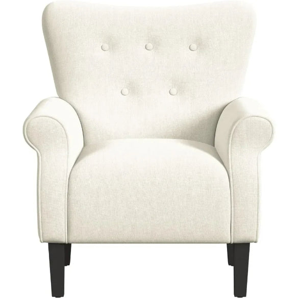 A stylish solid cream accent chair with sleek, tapered wooden legs and a minimalist design. The chair features soft, neutral cream upholstery with a comfortable, wide seat, padded armrests, and a gently sloping backrest, offering a blend of elegance and ergonomic support. Ideal for living rooms, offices, or reading nooks, its clean lines and timeless design complement a variety of decor styles.