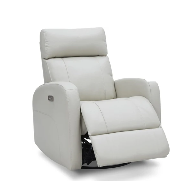 Silver grey power swivel rocker recliner with 270° swivel, smooth gliding recline, USB charging port, and durable faux leather fabric. Supports up to 350 lbs, perfect for living room, bedroom, or nursery. Easy assembly and quiet motor.