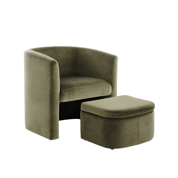 Barrel Accent Chair with Storable Ottoman – Cozy, space-saving chair with flared arms, foam-filled seat, and toss pillows. Features a solid wood frame, sled base, and hidden ottoman for easy storage. Fully assembled, versatile design, and easy to maintain.
