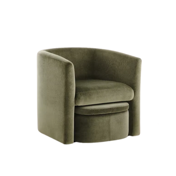 Barrel Accent Chair with Storable Ottoman – Cozy, space-saving chair with flared arms, foam-filled seat, and toss pillows. Features a solid wood frame, sled base, and hidden ottoman for easy storage. Fully assembled, versatile design, and easy to maintain.