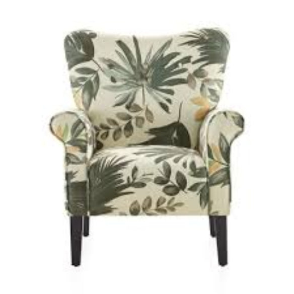 A stylish Olive Green and Cream Floral Accent Chair featuring an elegant floral pattern in rich olive green and soft cream tones. The chair has a modern silhouette with a tufted wingback design and gracefully tapered wooden legs, offering a perfect blend of classic sophistication and contemporary style. The plush, cushioned seat and ergonomic backrest provide comfort and support, making it an ideal addition to a living room, office, or reading nook. The chair’s durable construction and timeless design add c