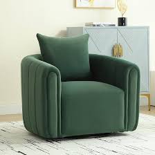 Juniper Green Barrel Swivel Chair with Lumbar Pillow – A luxurious velvet accent chair in rich green, featuring a 360-degree swivel base, high-density foam cushioning, and a supportive lumbar pillow. Its elegant design and durable metal and wood construction make it a stylish and comfortable addition to living rooms, bedrooms, or offices. Ideal for relaxation, with a modern yet classic aesthetic that fits various décor styles.